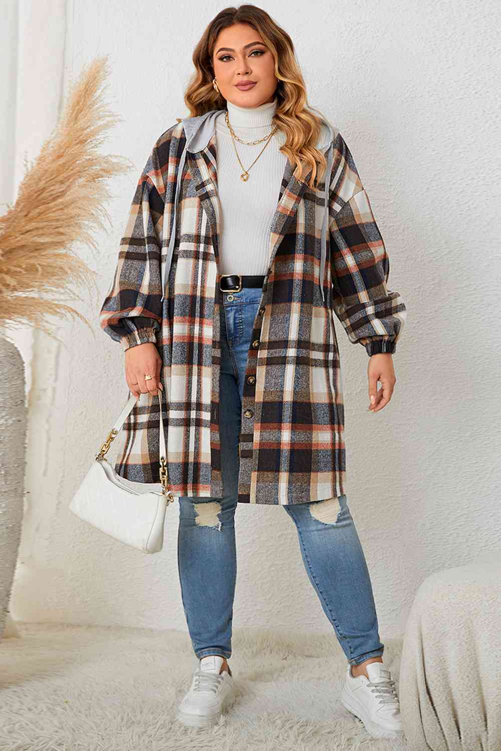 Plus Size Plaid Drop Shoulder Hooded Coat 