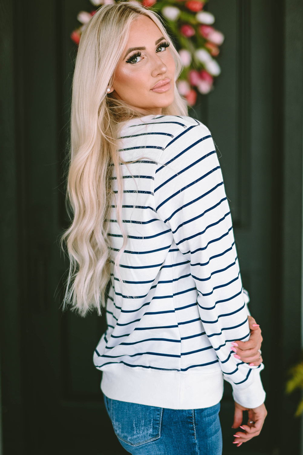 Striped Round Neck Long Sleeve Sweatshirt 