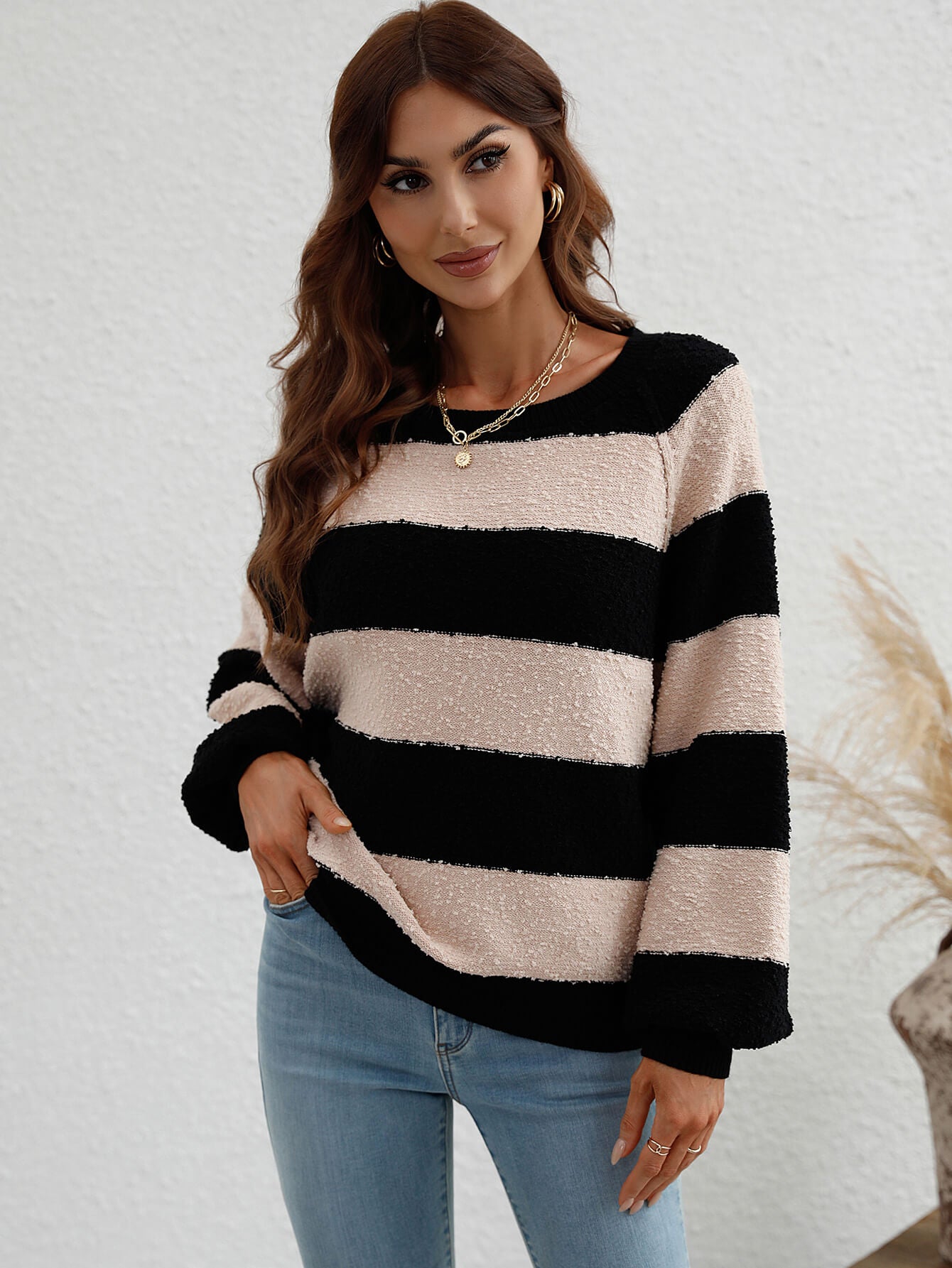 Striped Raglan Sleeve Ribbed Trim Knit Top 