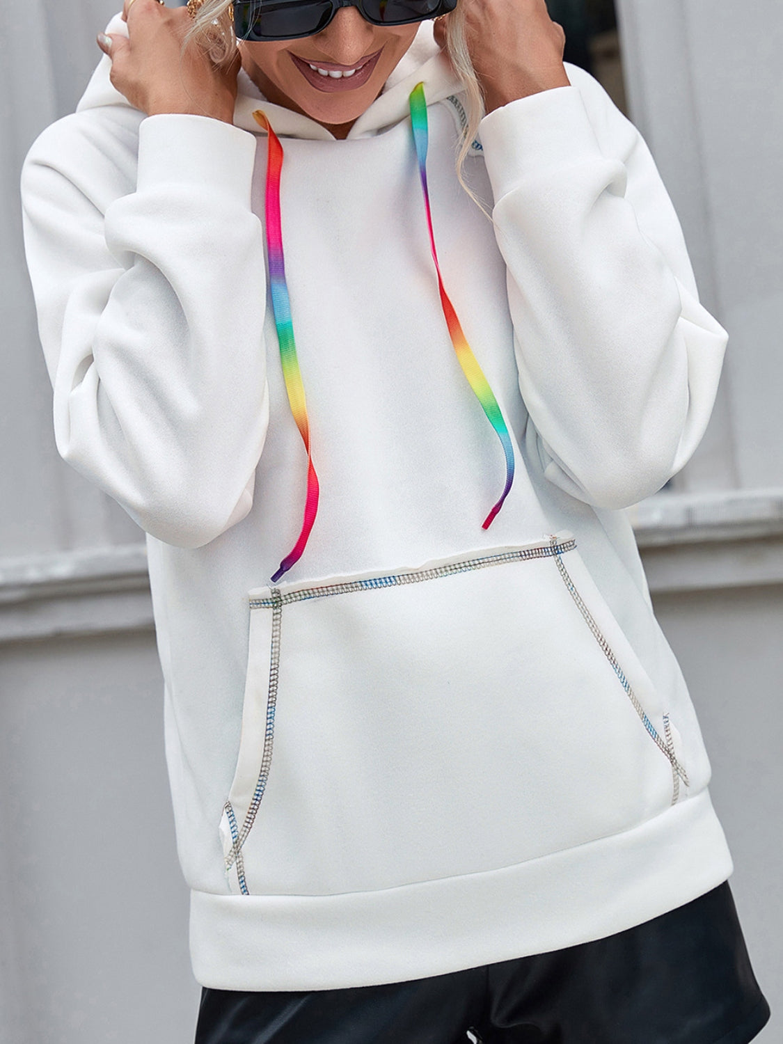 Contrast Stitching Drawstring Raglan Sleeve Hoodie 