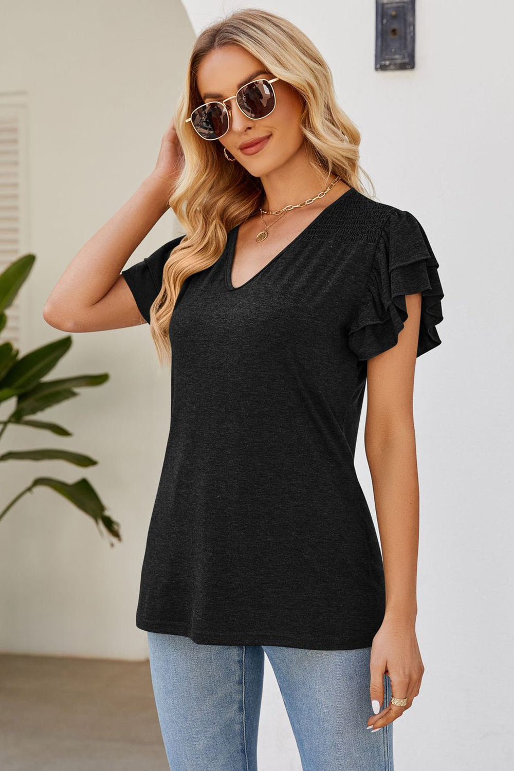 Ruffled V-Neck Flutter Sleeve T-Shirt 