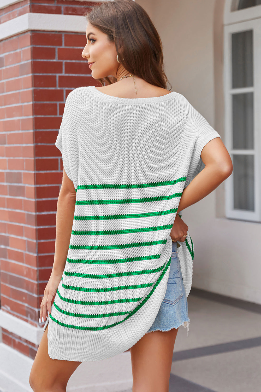 Striped V-Neck Short Sleeve Knit Top 