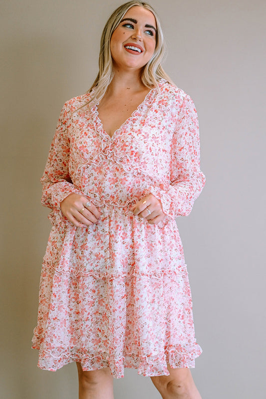 Plus Size Floral V-Neck Frill Long Sleeve Dress - Babbazon