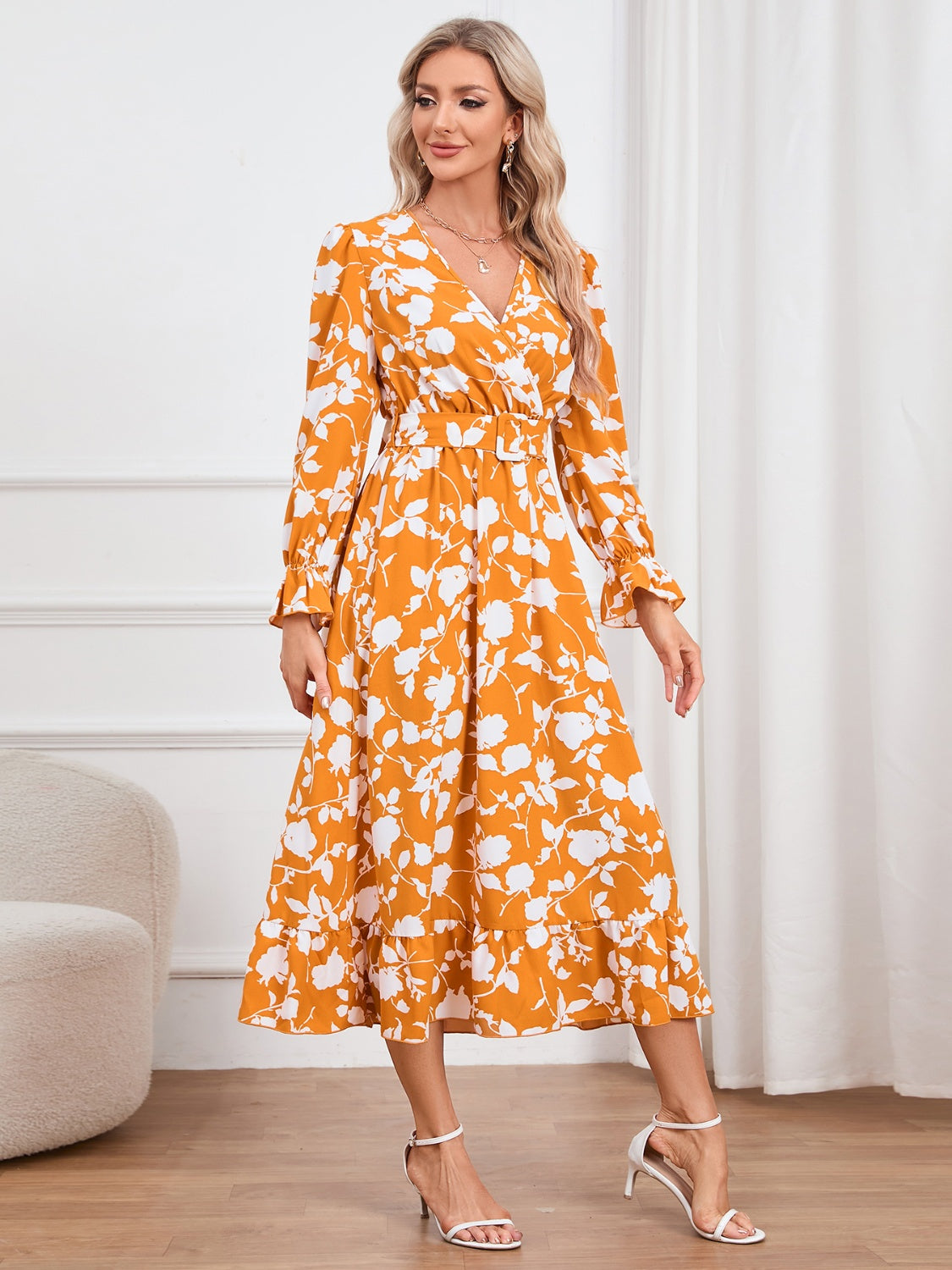 Floral Surplice Flounce Sleeve Ruffle Hem Dress 