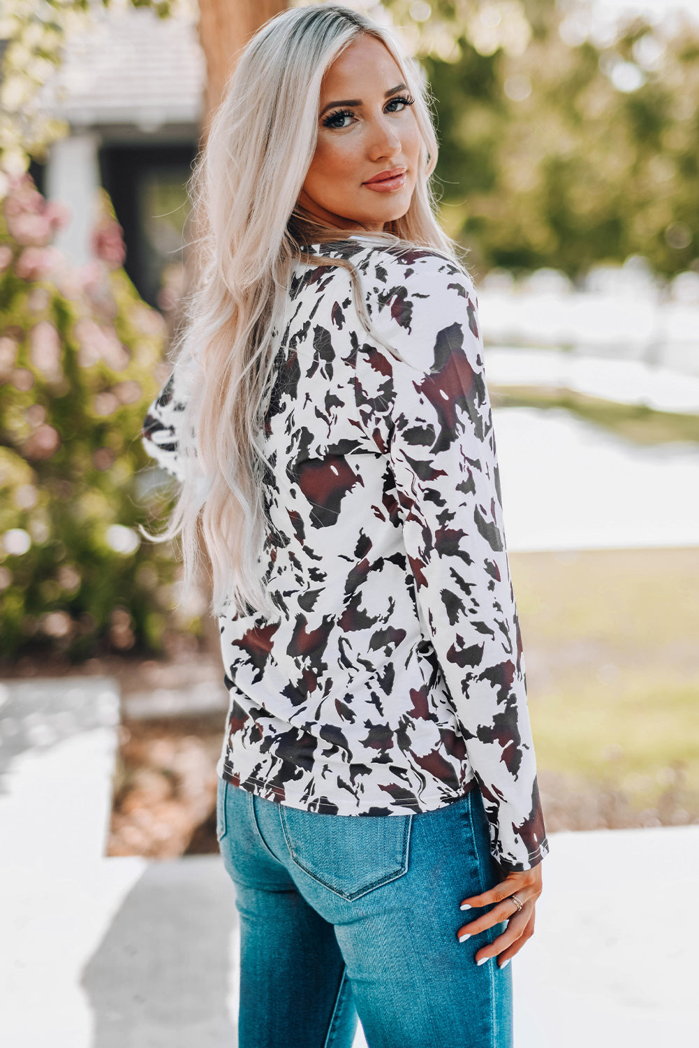 Cow Print Keyhole Long Sleeve Top 