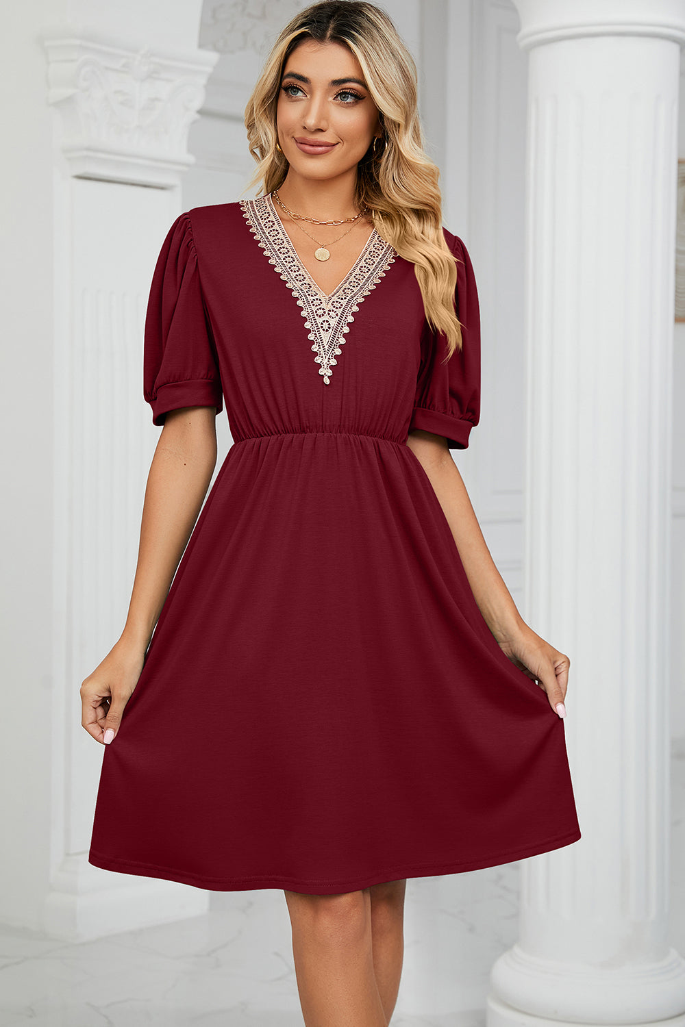 V-Neck Puff Sleeve Dress 