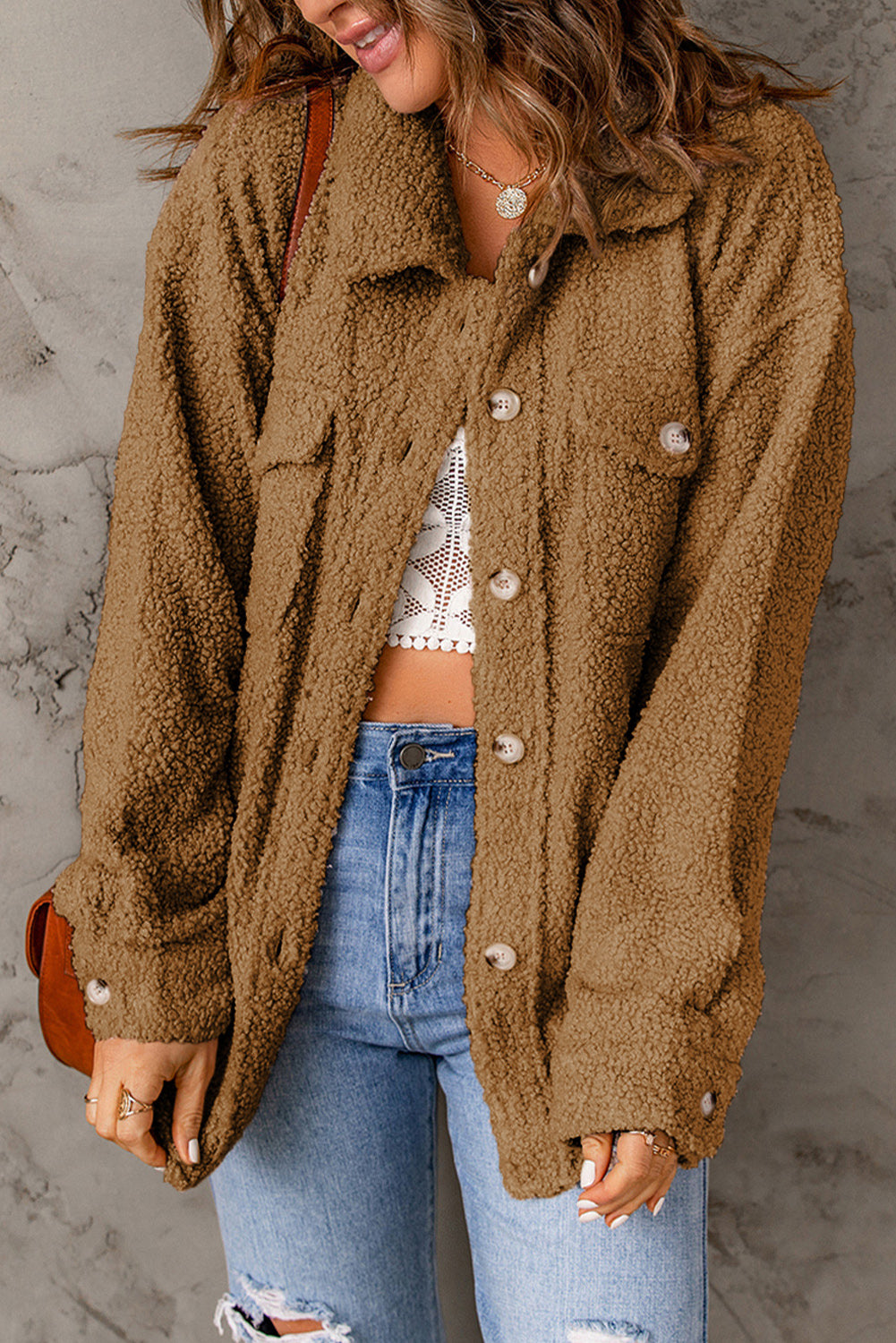 Fuzzy Button Up Pocketed Jacket - Babbazon Jacket