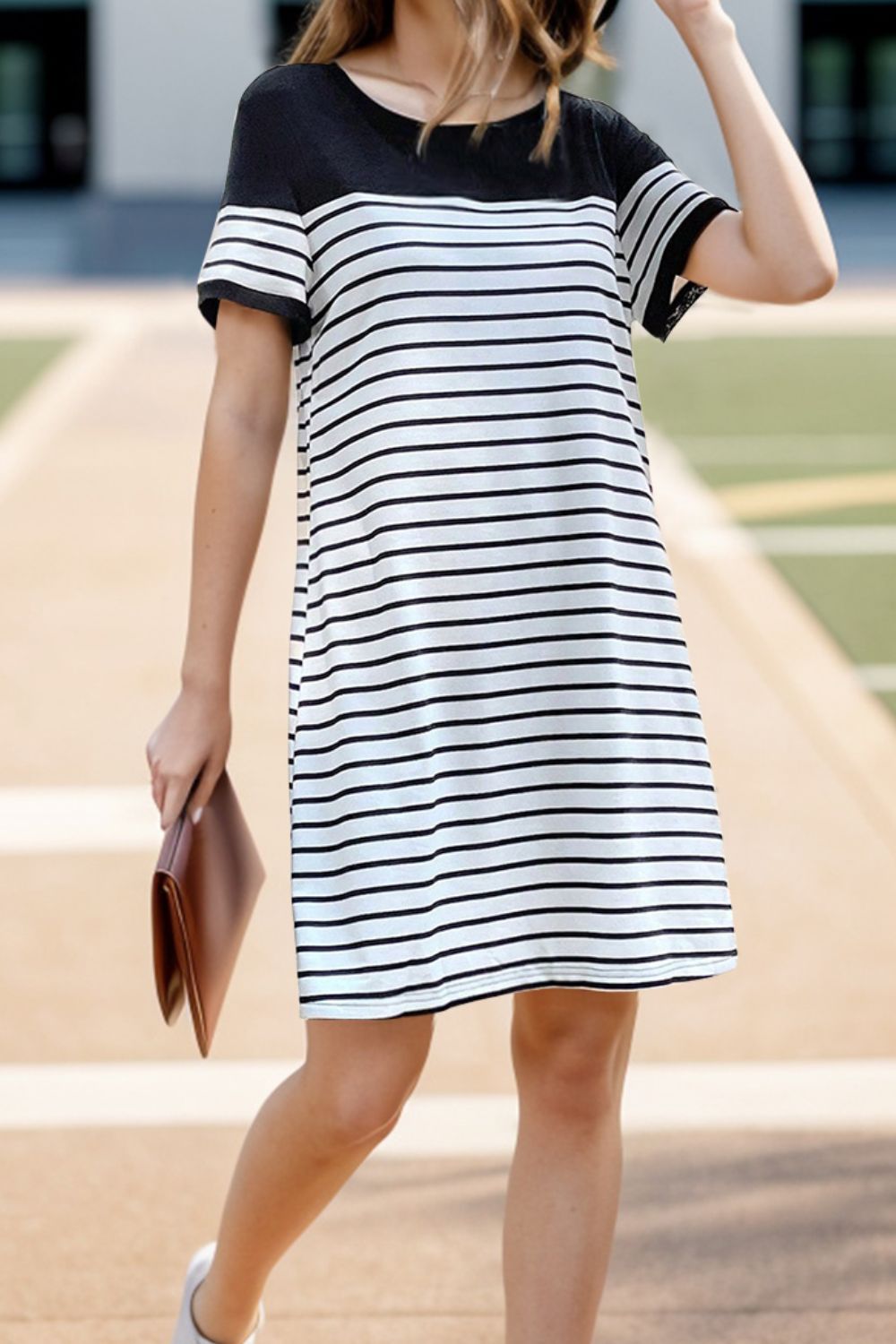 Striped Round Neck Short Sleeve Dress 