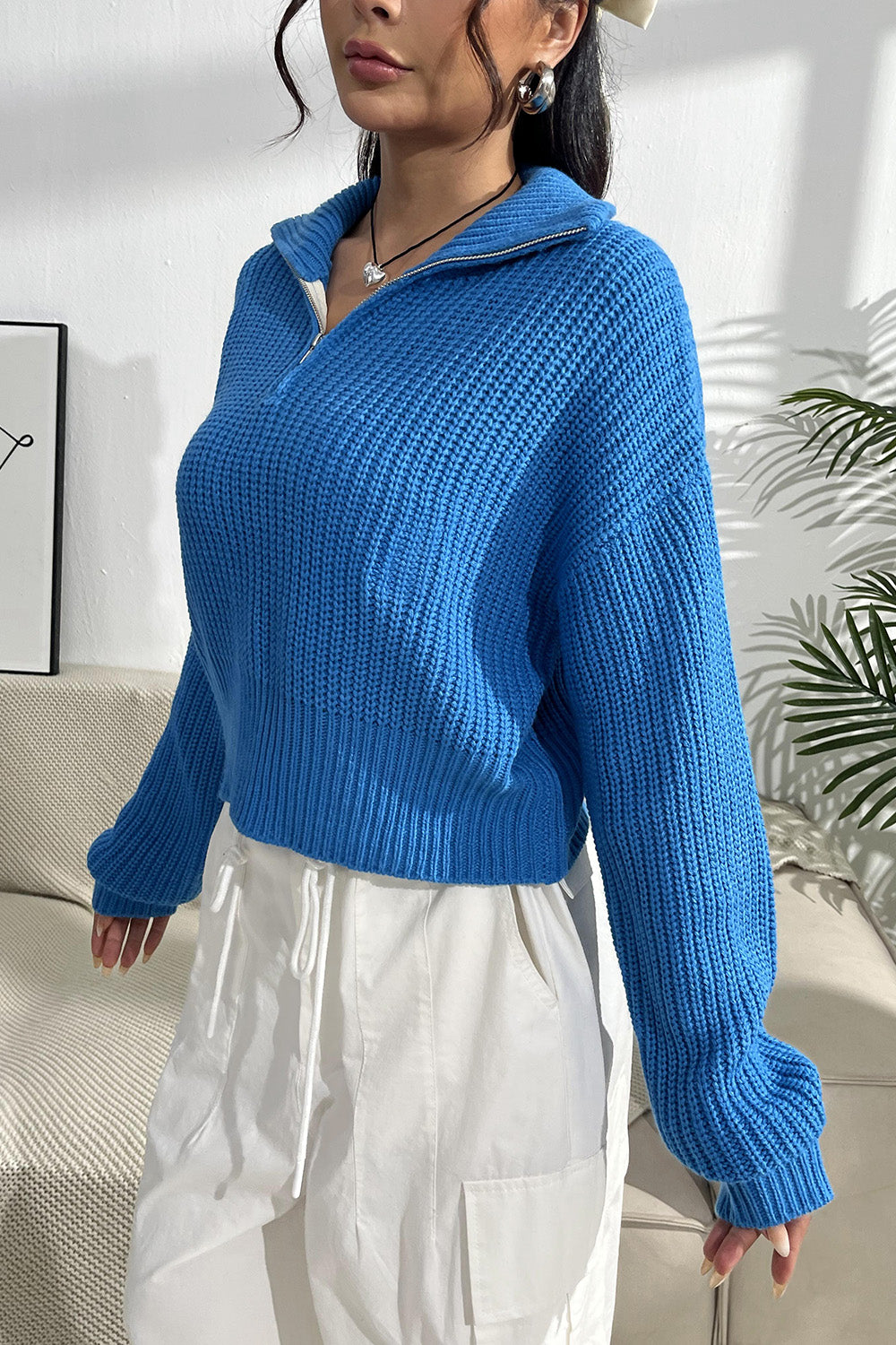 Quarter Zip Dropped Shoulder Sweater 