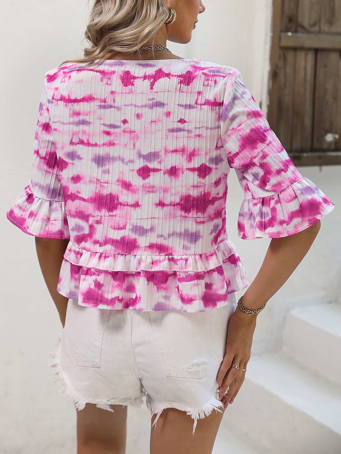 Tie-Dye V-Neck Peplum Top 