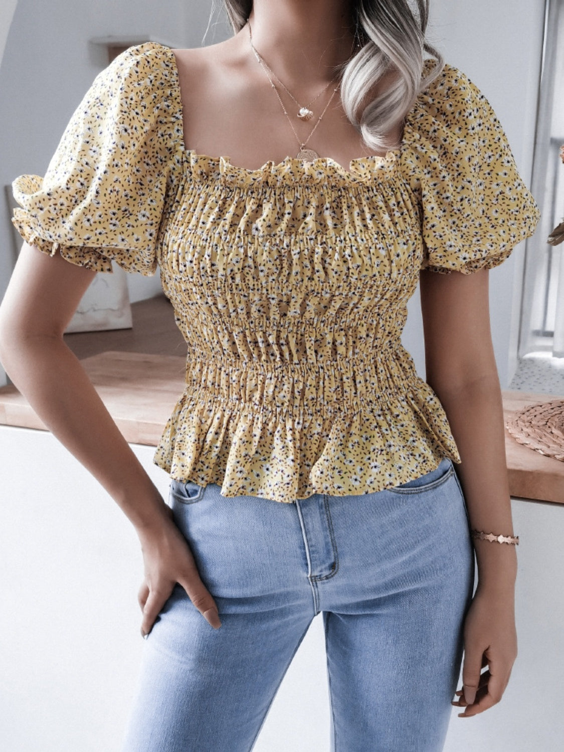 Frill Smocked Square Neck Short Sleeve Blouse 