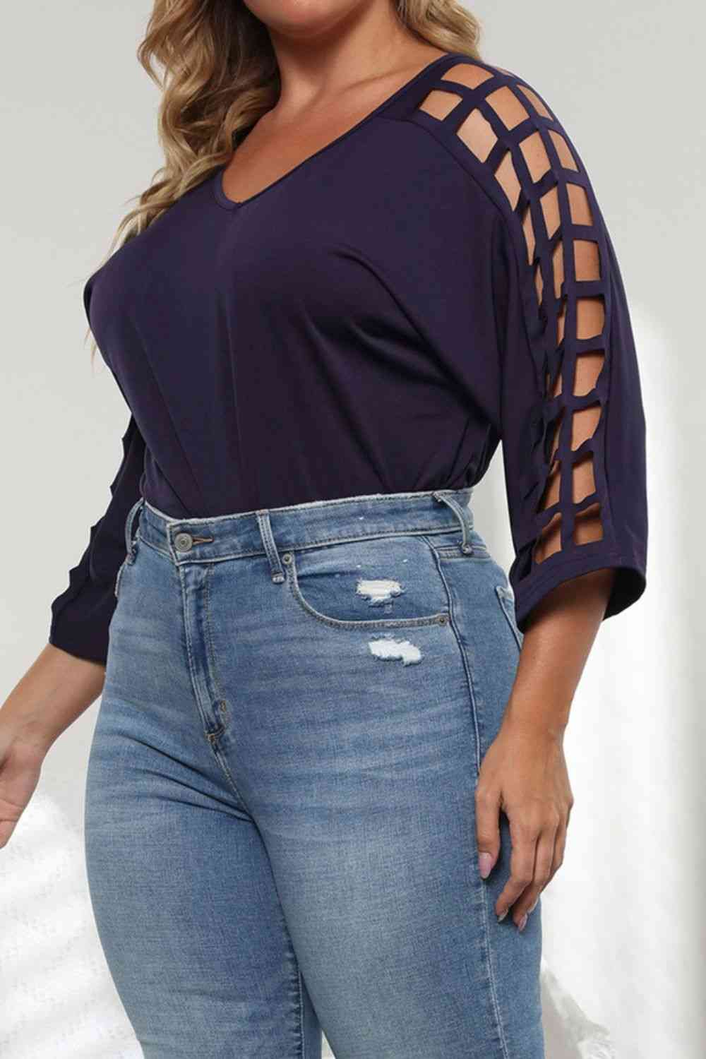 Plus Size Cutout Three-Quarter Sleeve Blouse 