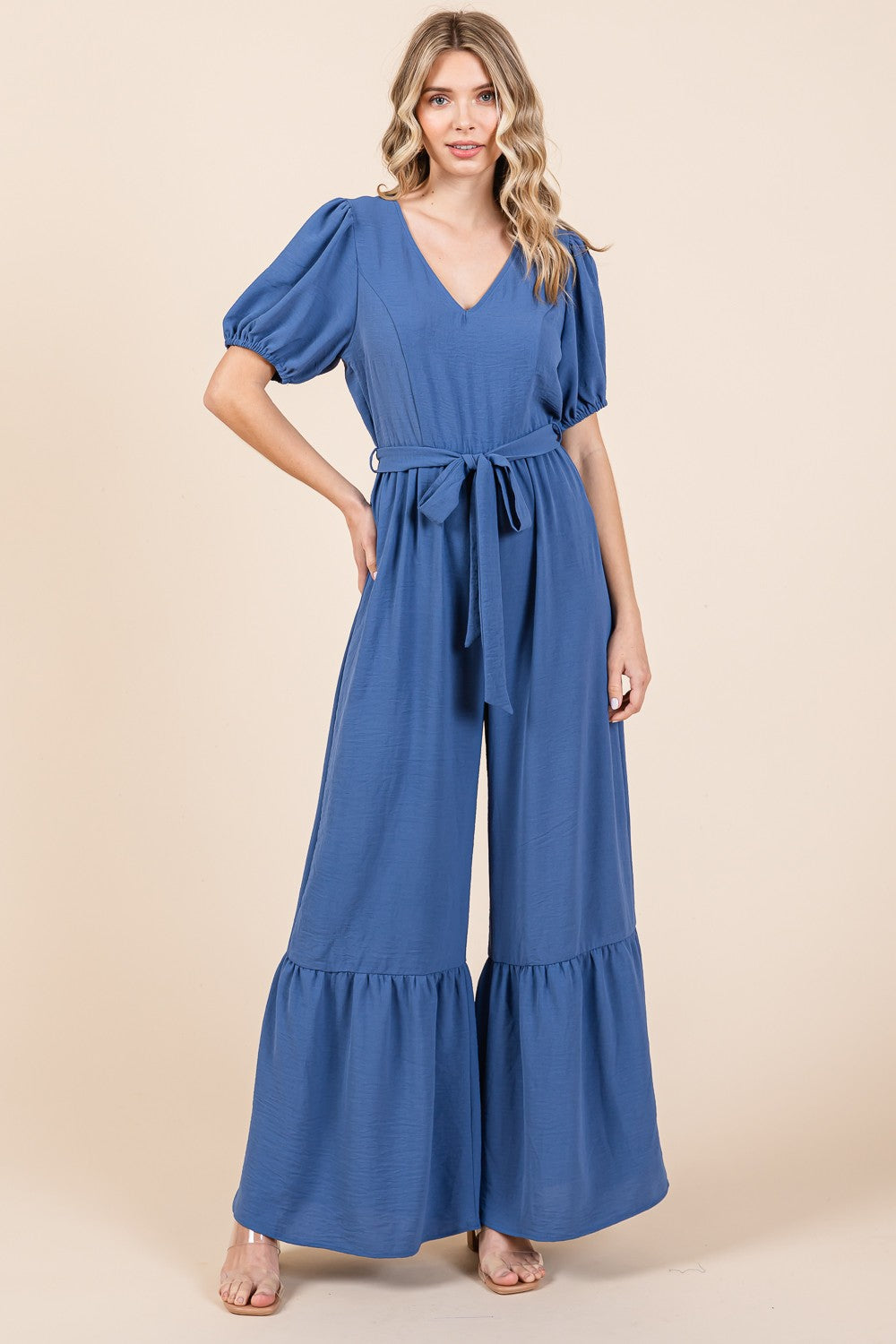 GeeGee Full Size V-Neck Belted Wide Leg Jumpsuit - Babbazon Cover up