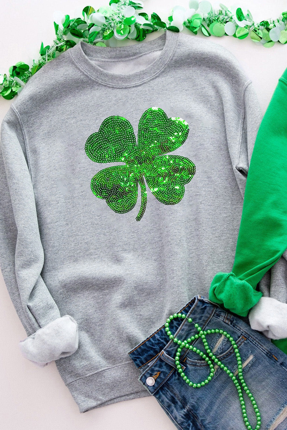 Lucky Clover Sequin Round Neck Sweatshirt 