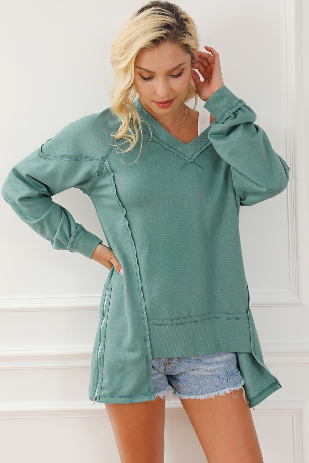 Exposed Seam V-Neck Zip Detail Sweatshirt 