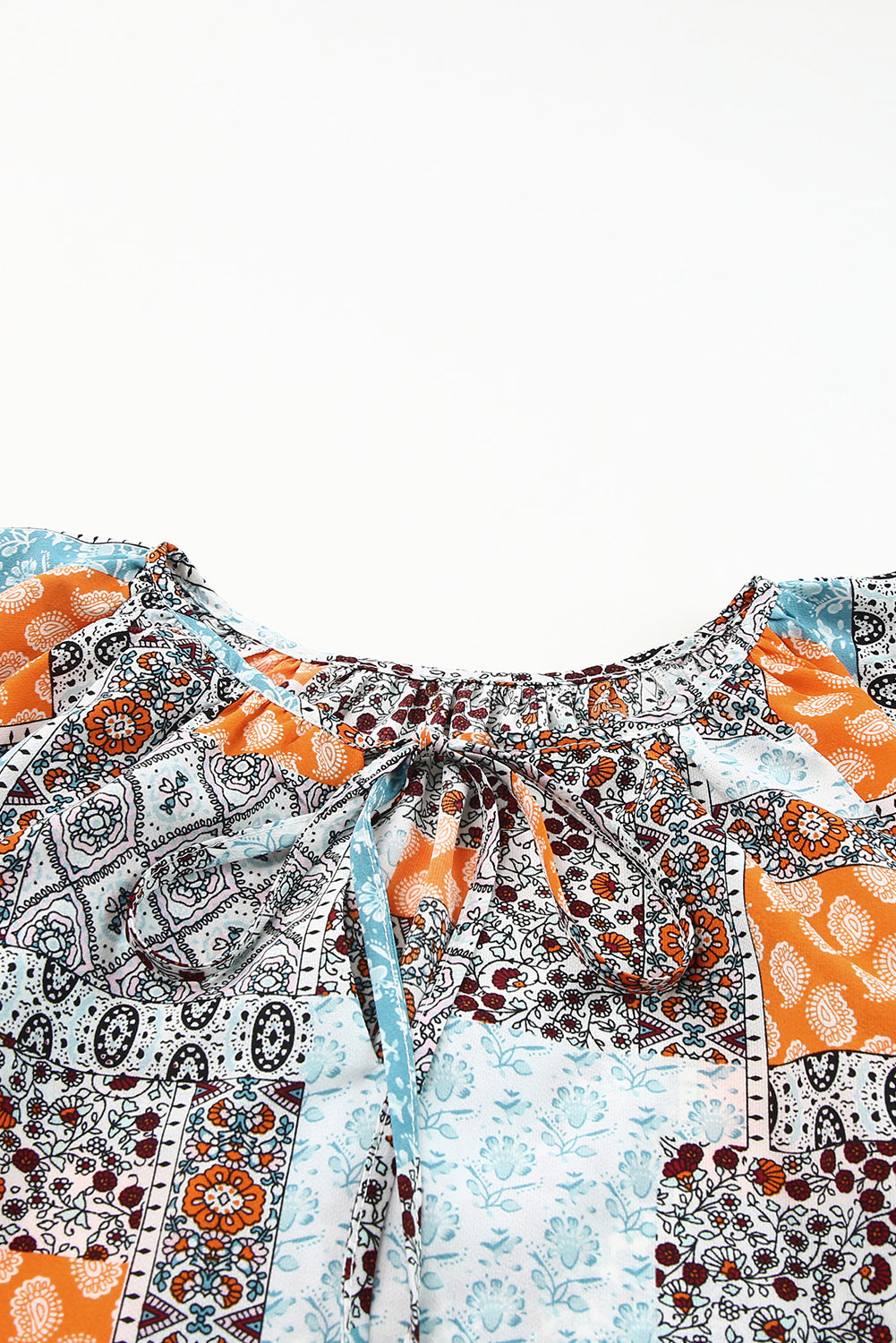 Printed Tie Neck Curved Hem Top 