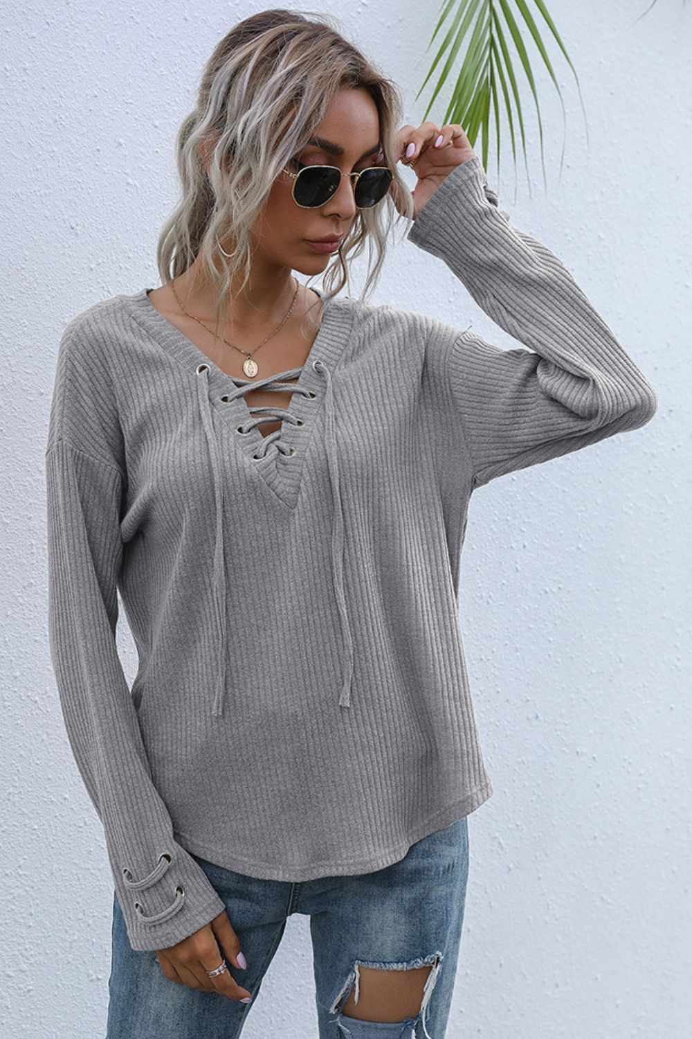 Lace-Up V-Neck Ribbed Top 