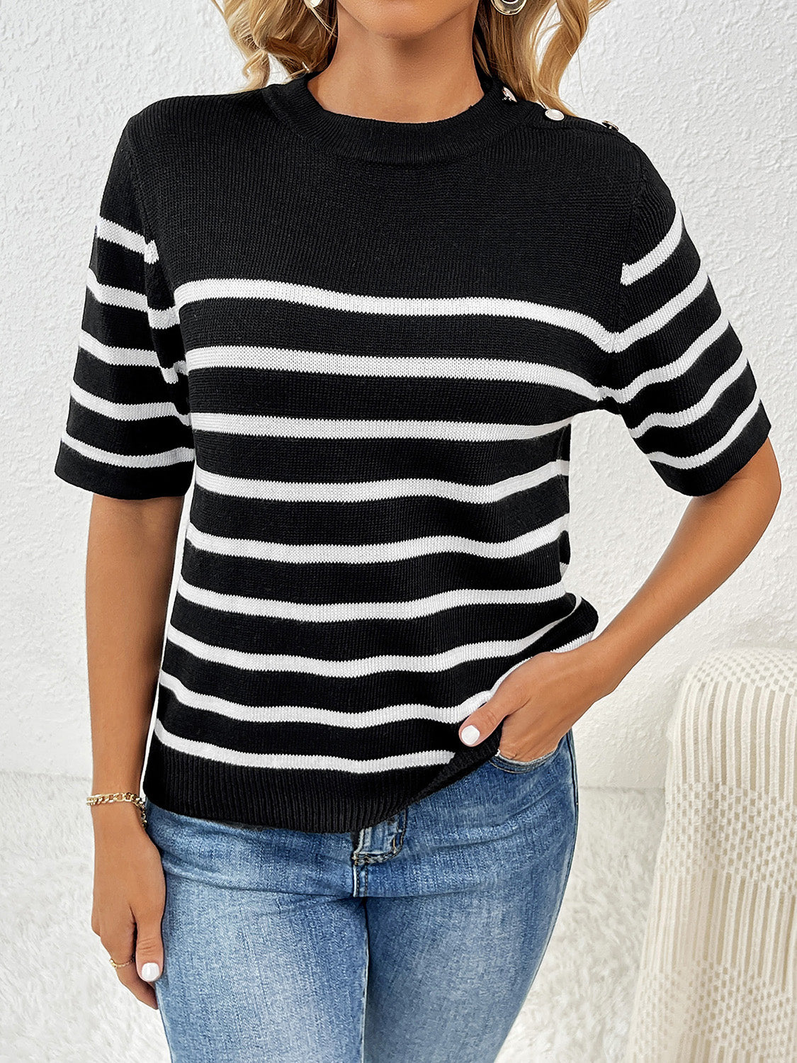 Striped Round Neck Half Sleeve Knit Top - Babbazon Tops