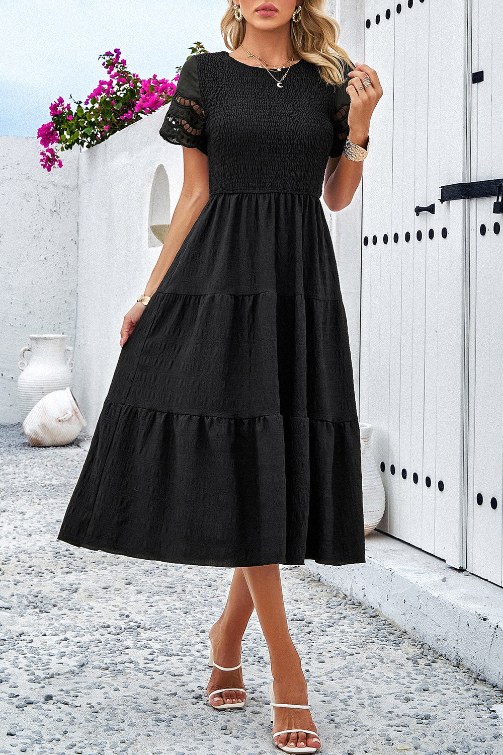 Smocked Round Neck Short Sleeve Midi Dress 