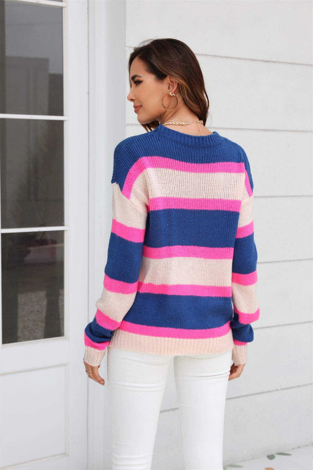 Color Block Round Neck Dropped Shoulder Sweater 