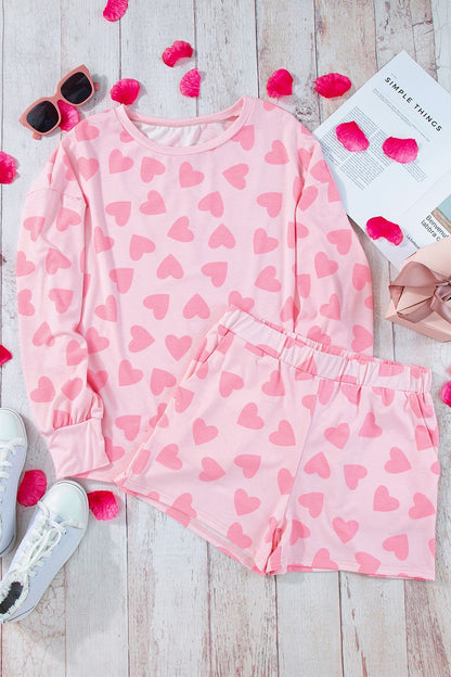 Heart Print Round Neck Top and Shorts Lounge Set 