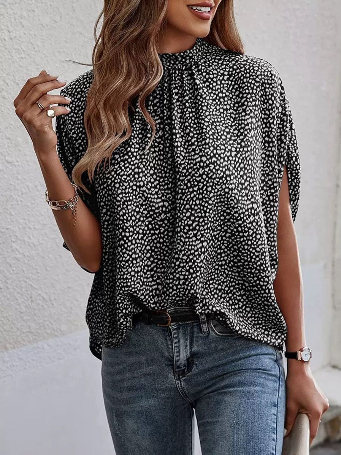 Tied Printed Mock Neck Half Sleeve Blouse - Babbazon Tops