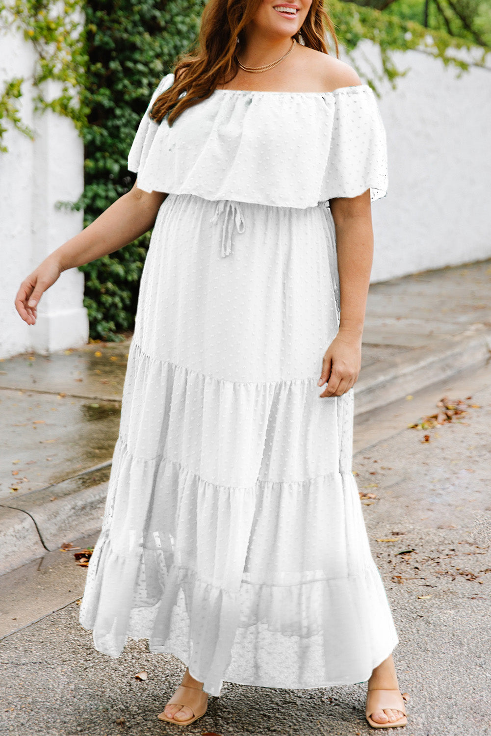 Plus Size Swiss Dot Off-Shoulder Tiered Dress - Babbazon Maxi Dress