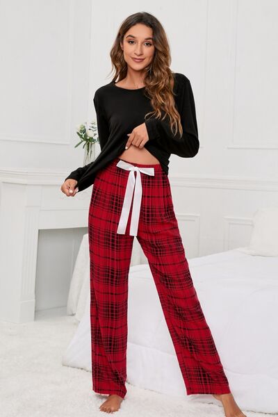 Round Neck Long Sleeve Top and Bow Plaid Pants Lounge Set 