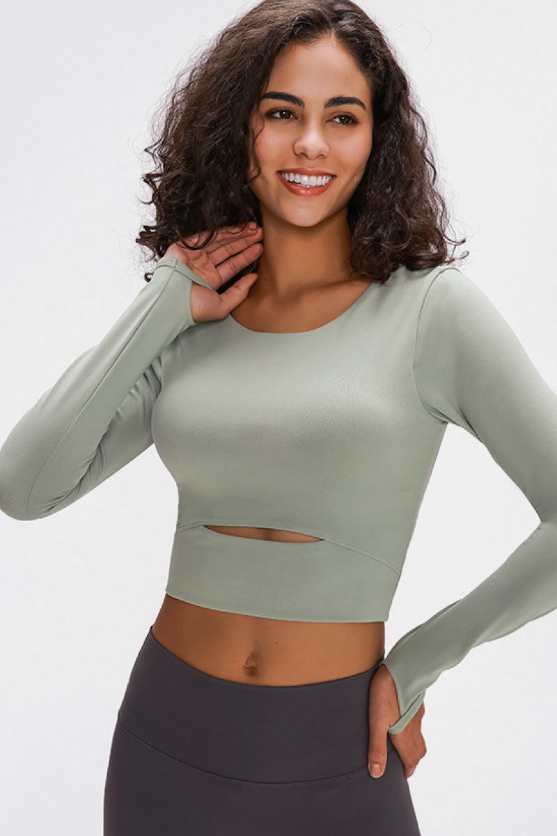 Long Sleeve Cropped Top With Sports Strap - Babbazon Tops