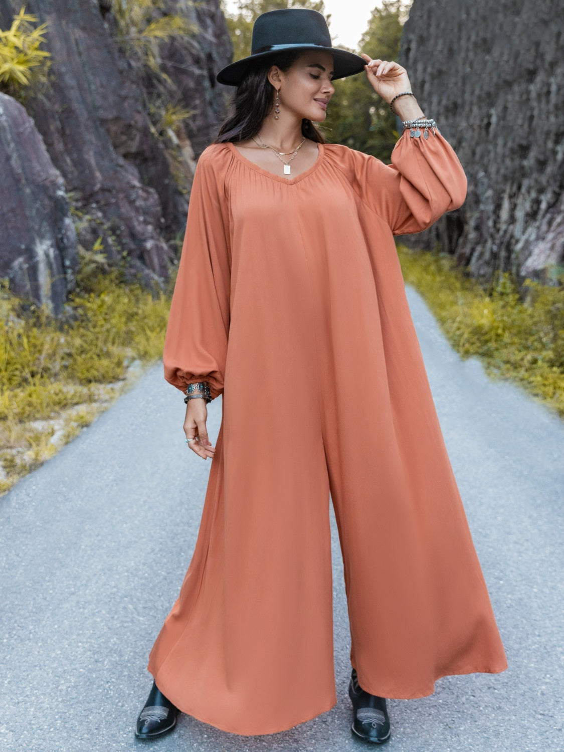 V-Neck Long Sleeve Wide Leg Jumpsuit 