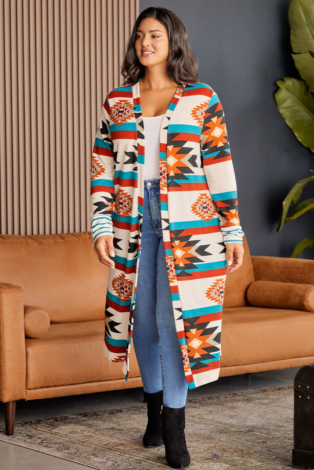 Plus Size Geometric Open Front Longline Cardigan 