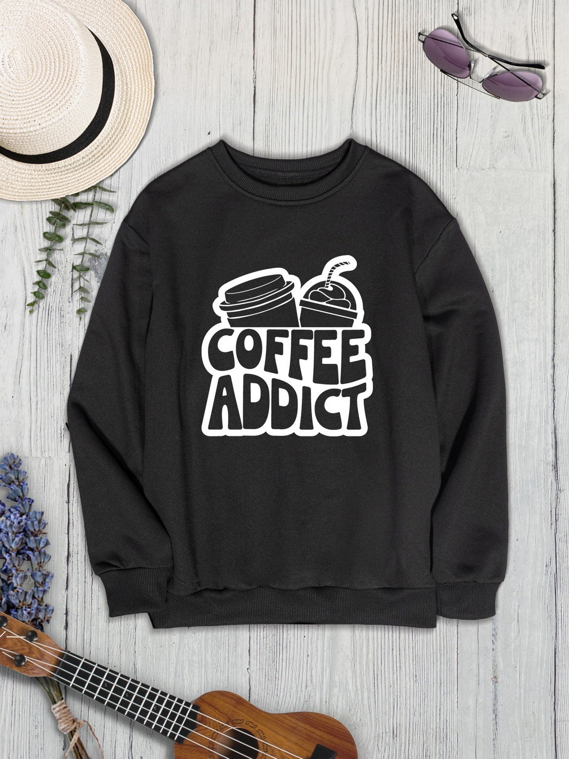 COFFEE ADDICT Round Neck Dropped Shoulder Sweatshirt 