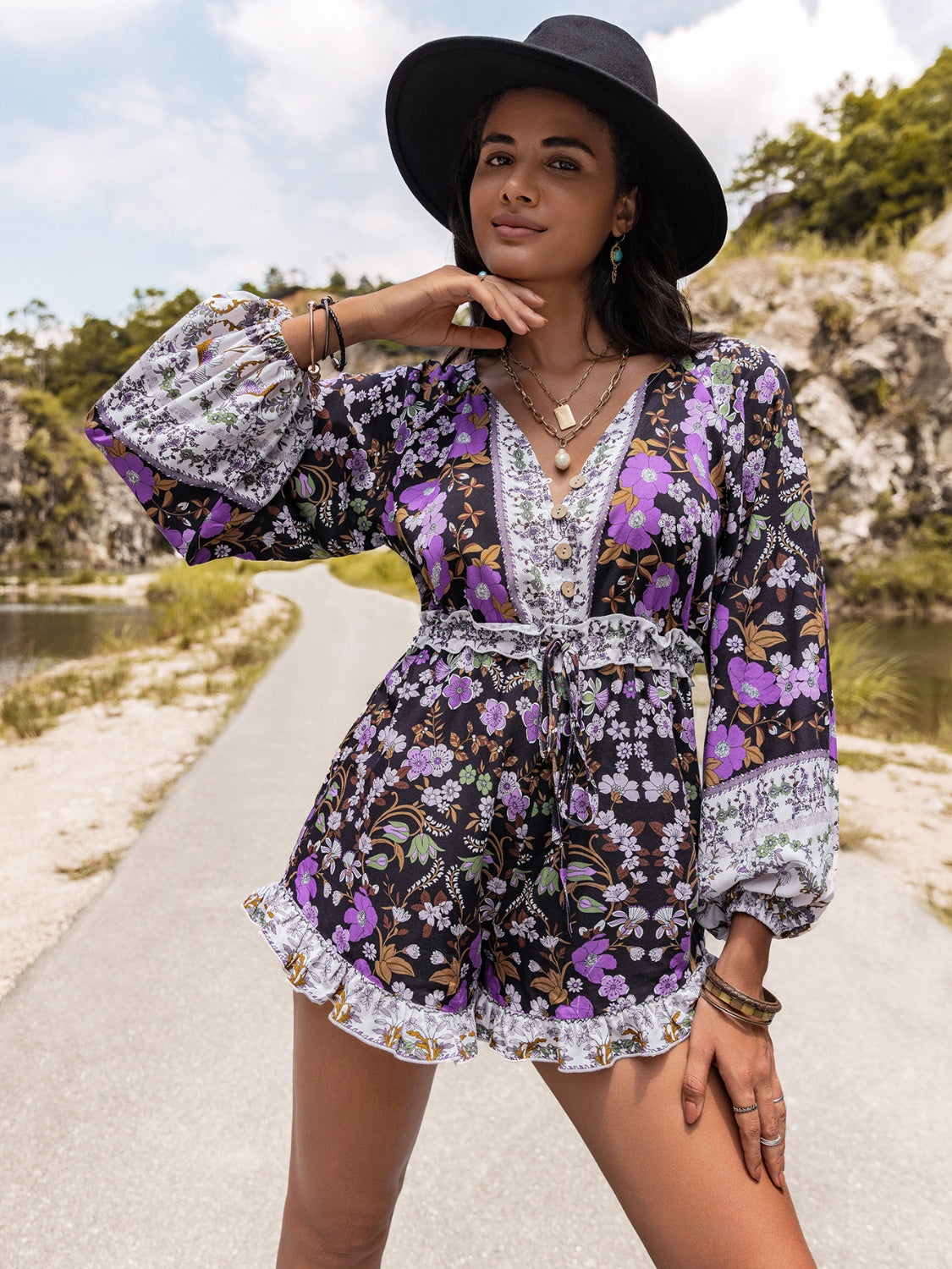 Printed Frill Half Button Balloon Sleeve Romper 