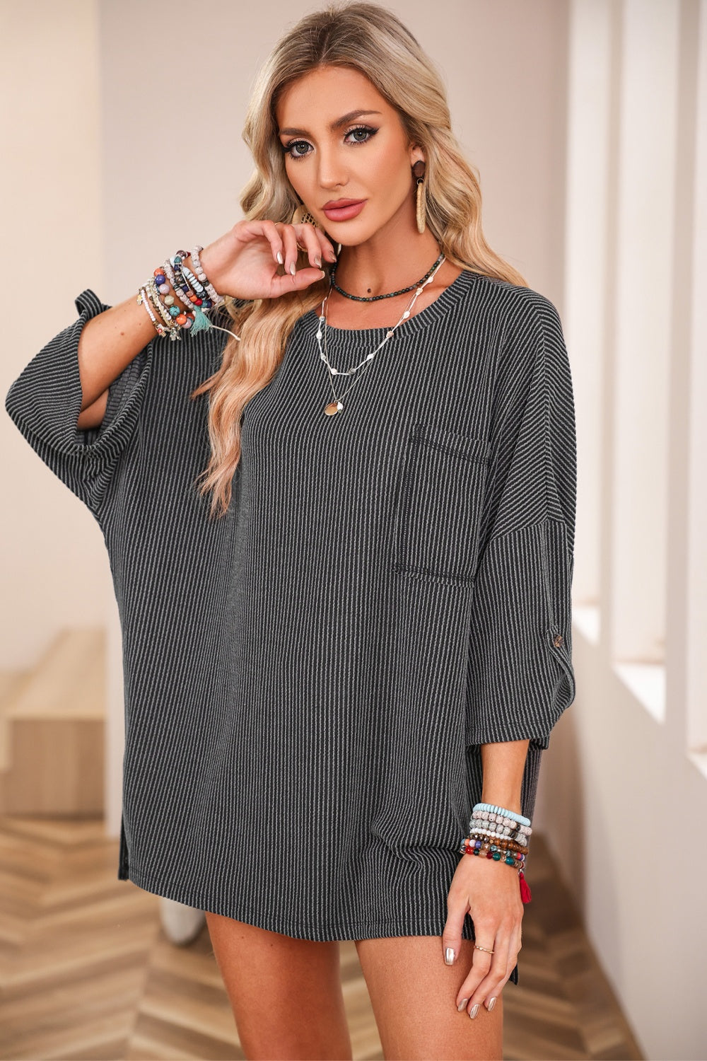 Round Neck Slit Roll-Tab Sleeve Oversize Top - Babbazon Tops