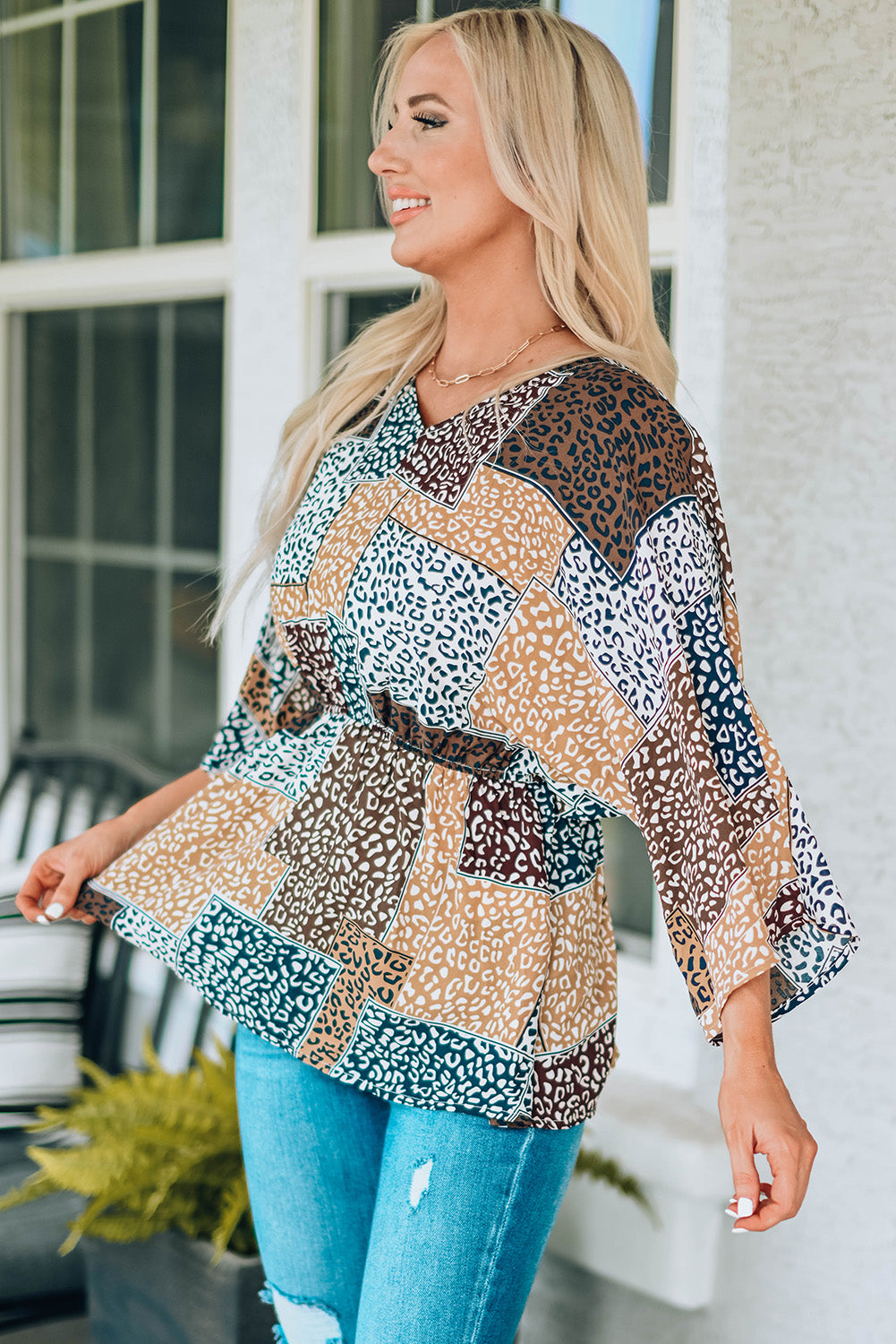 Leopard Patchwork V-Neck Top 