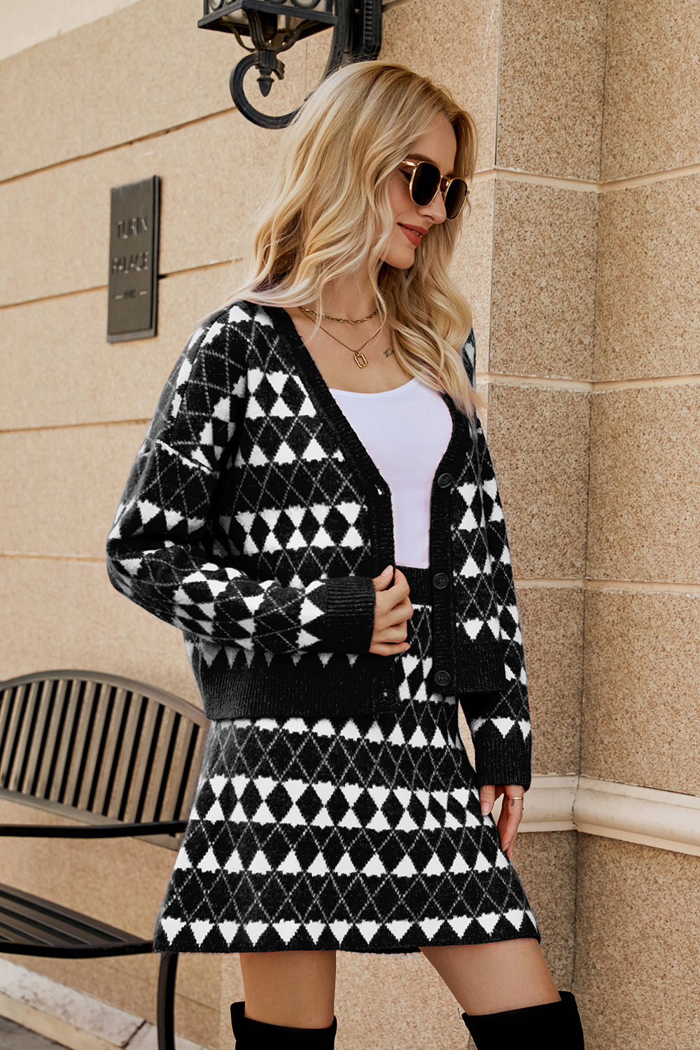 Geometric Button Front Cardigan and Skirt Set 