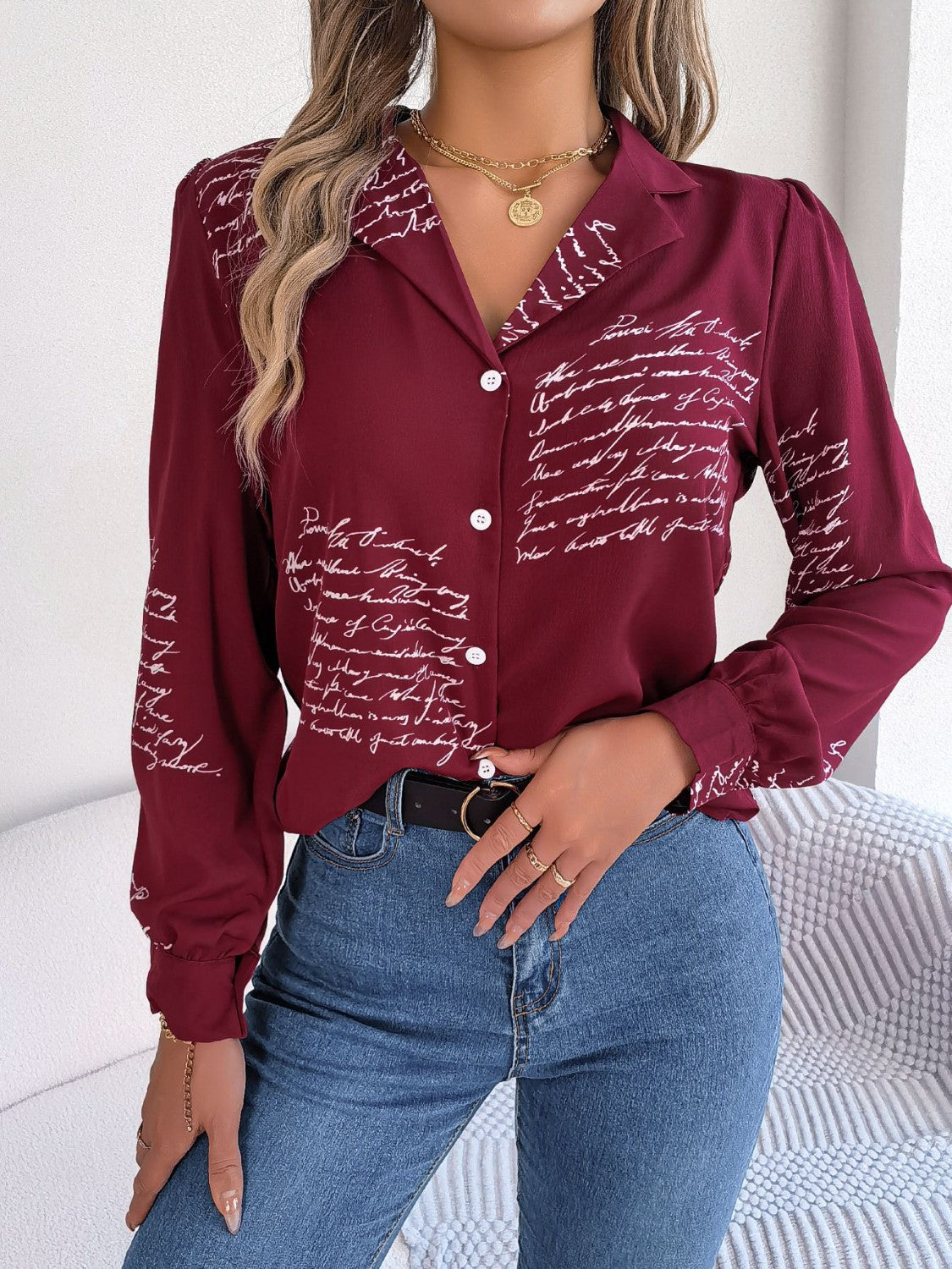 Letter Printed Button Up Long Sleeve Blouse 