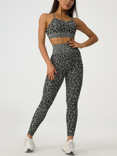 Leopard Crisscross Top and Leggings Active Set - Babbazon Activewear