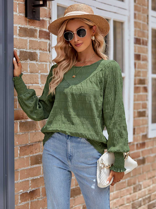 Round Neck Lantern Sleeve Blouse 