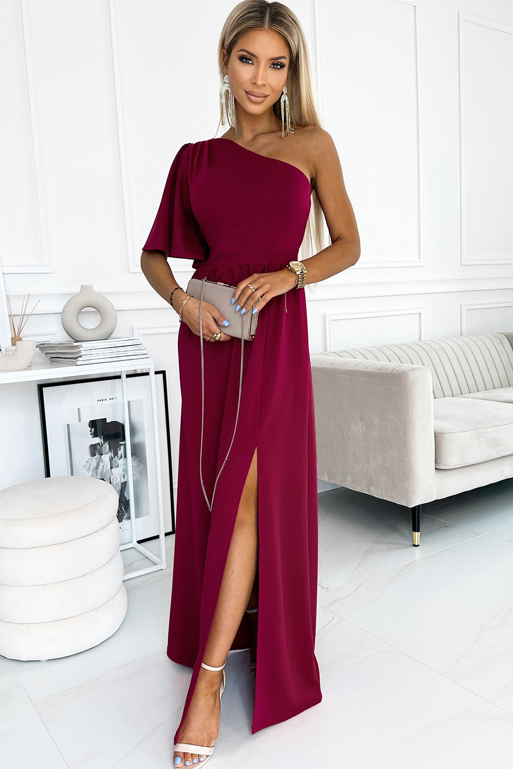 One shoulder Flutter sleeves Slit Dress 