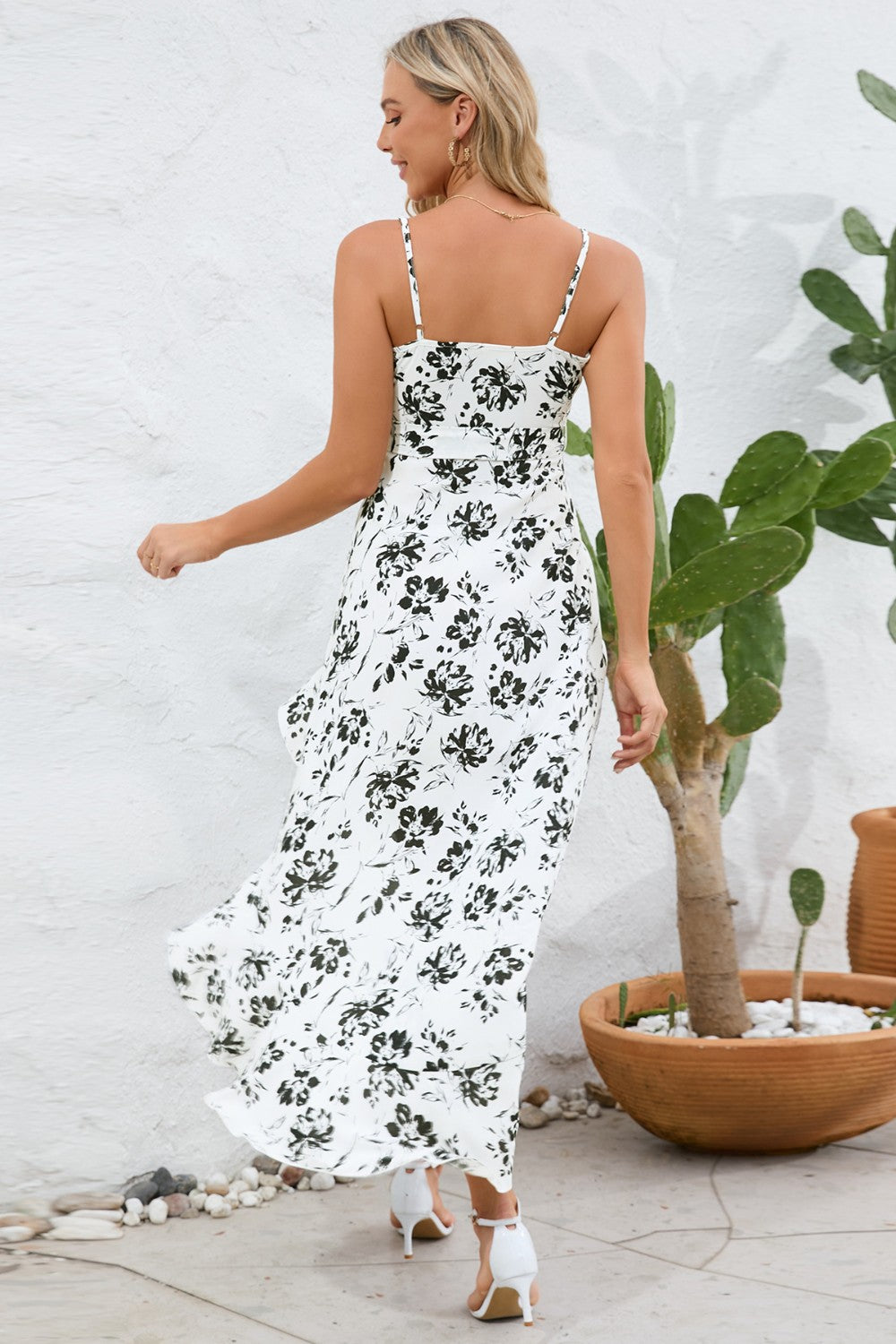 High-Low Tie Waist Printed Cami Dress 