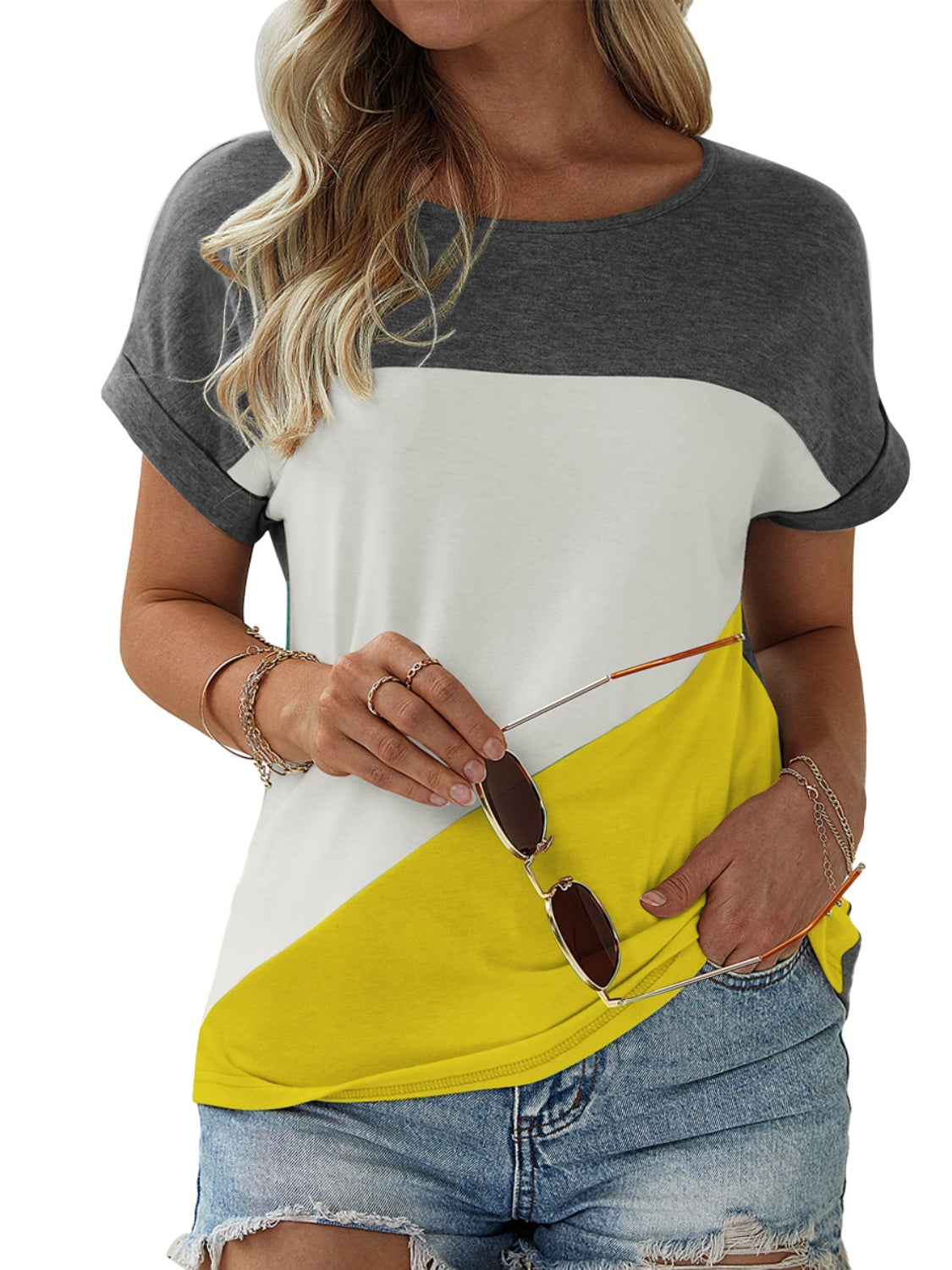 Color Block Round Neck Short Sleeve T-Shirt 