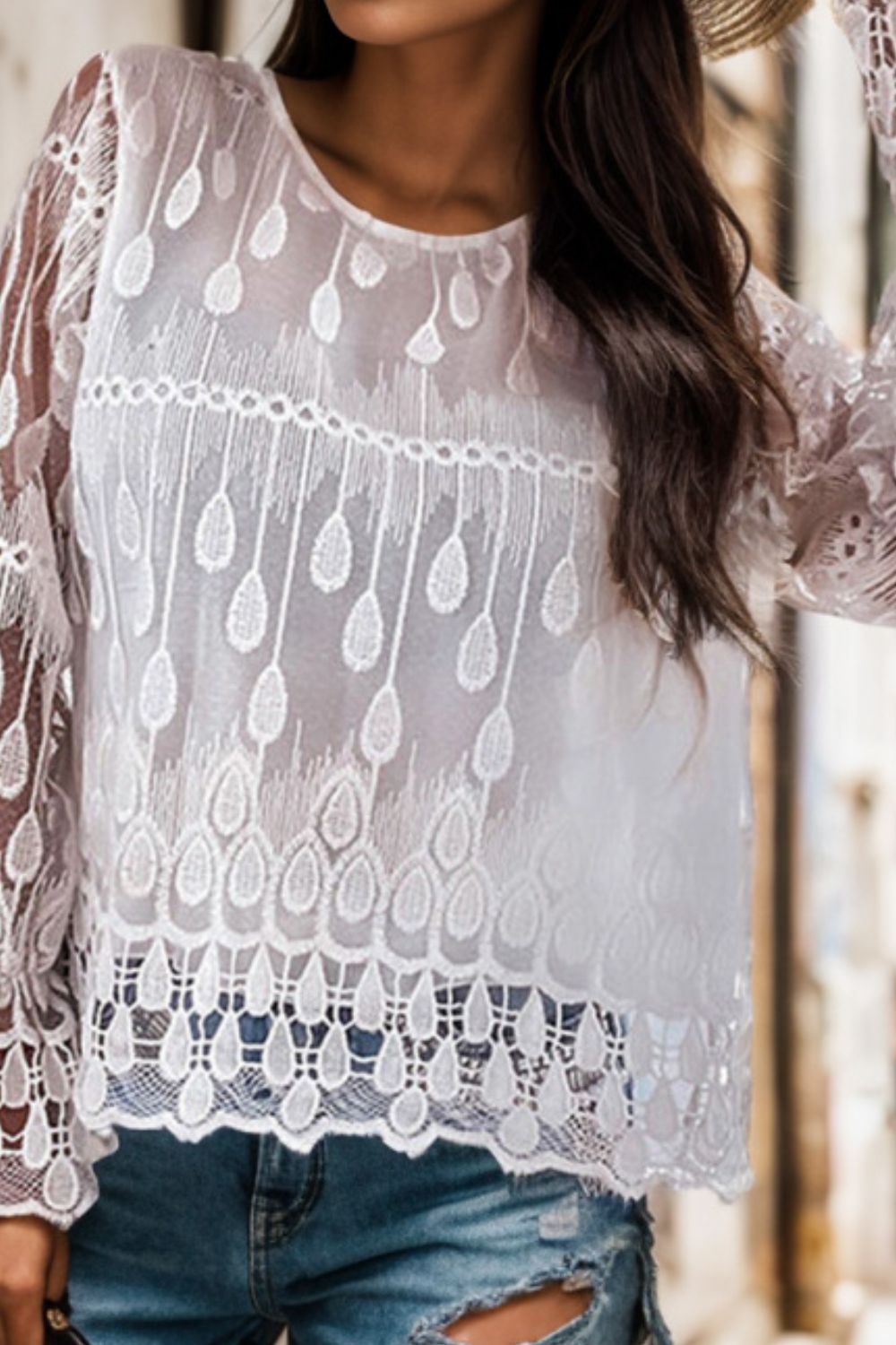 Round Neck Flounce Sleeve Lace Blouse 