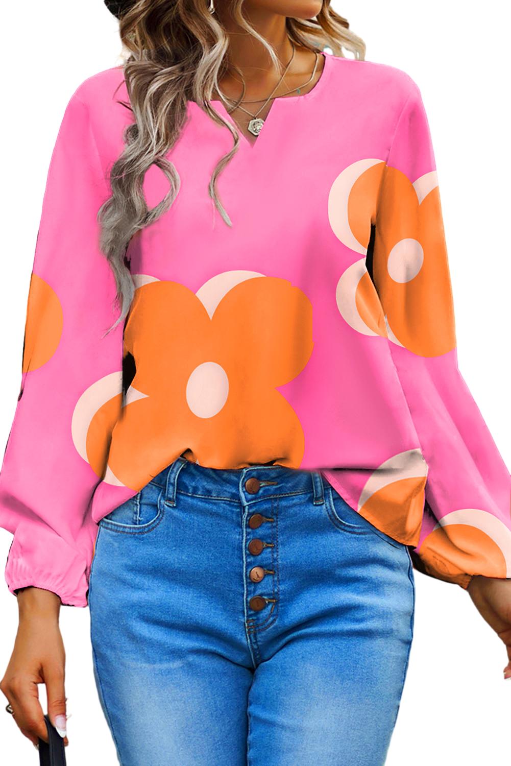 Flower Notched Balloon Sleeve Blouse 