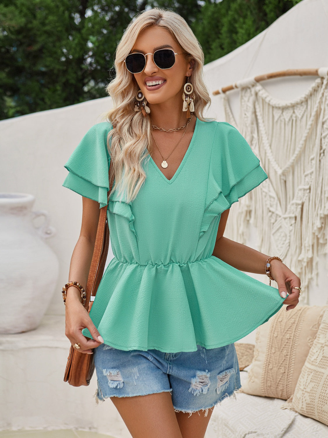 Ruffled V-Neck Peplum Blouse 