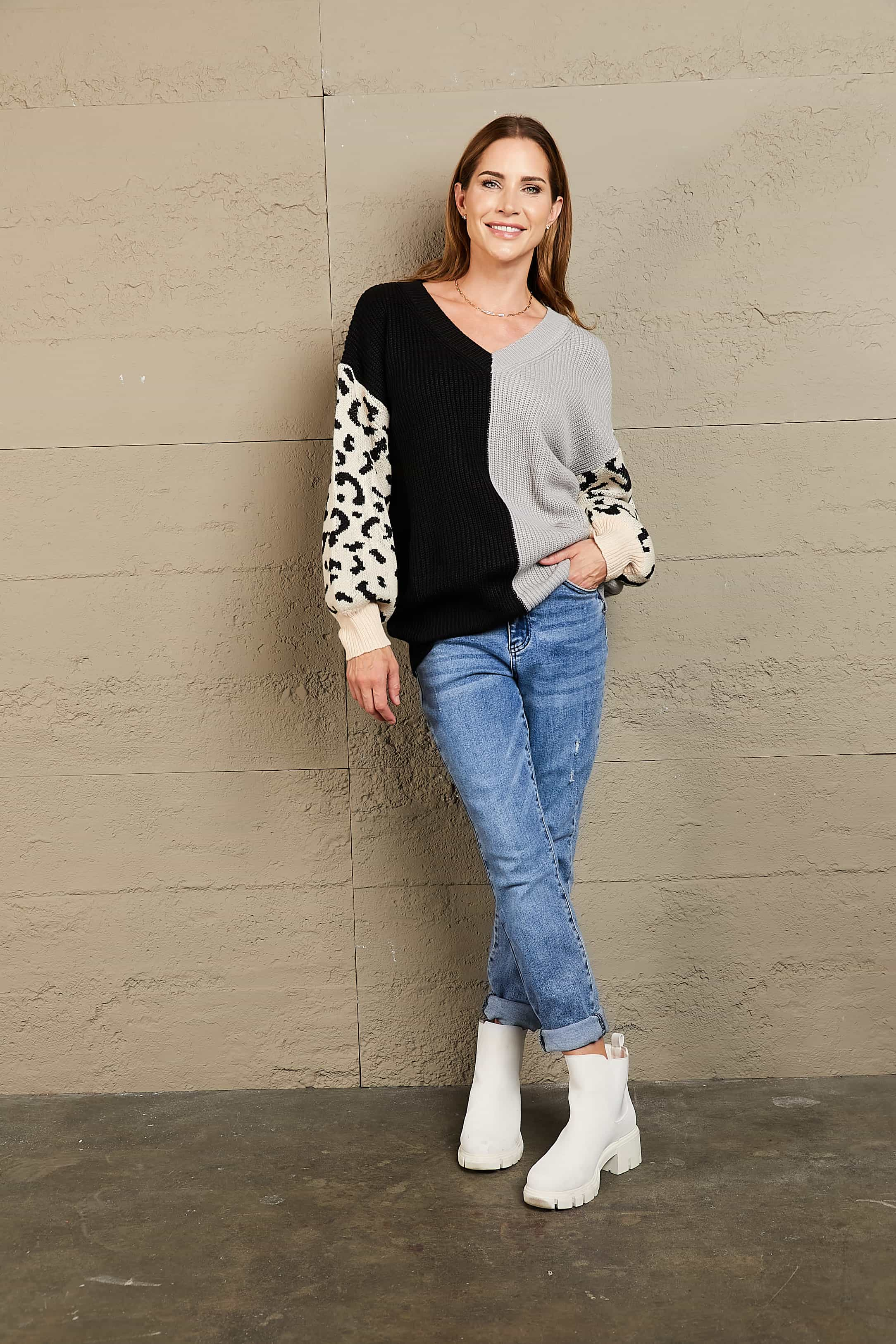 Woven Right Leopard Color Block V-Neck Tunic Pullover Sweater 