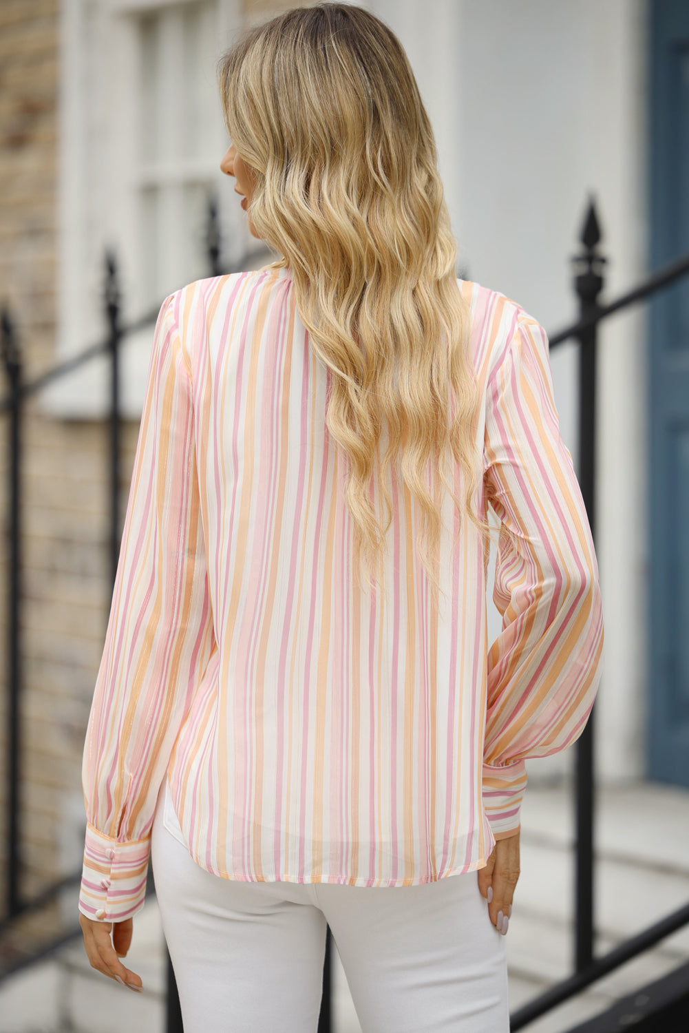 Striped Notched Long Sleeve Blouse 