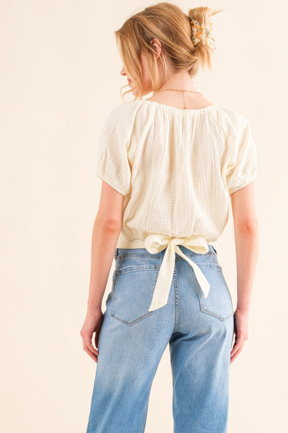 And The Why Back Waist Tie Cropped Blouse 