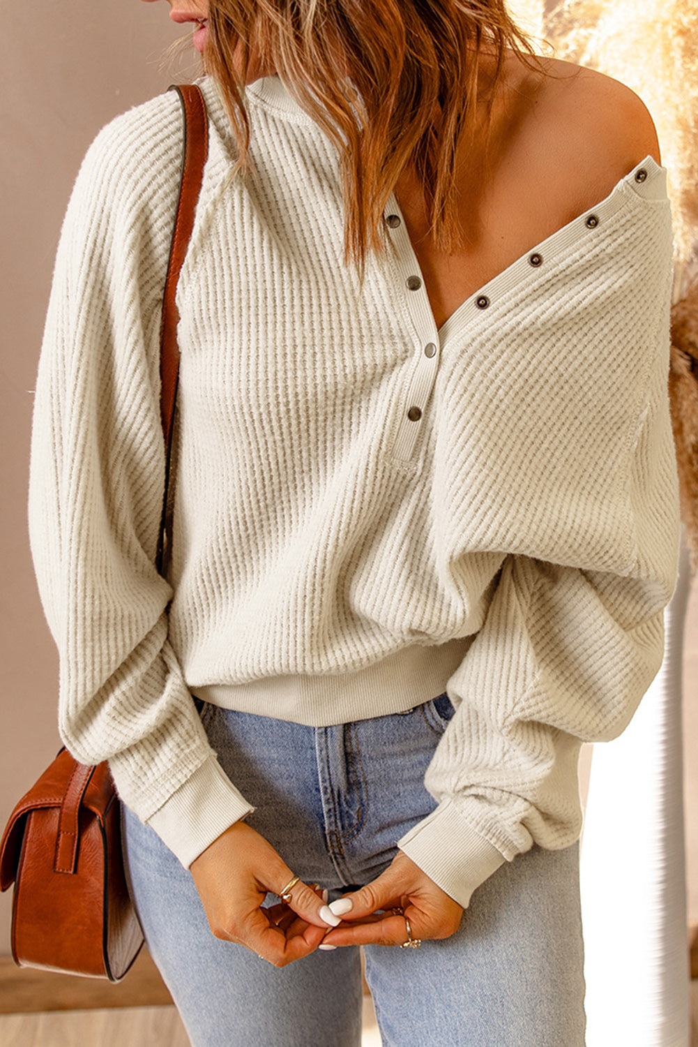 Snap Front  Raglan Sleeve Waffle-Knit Top 