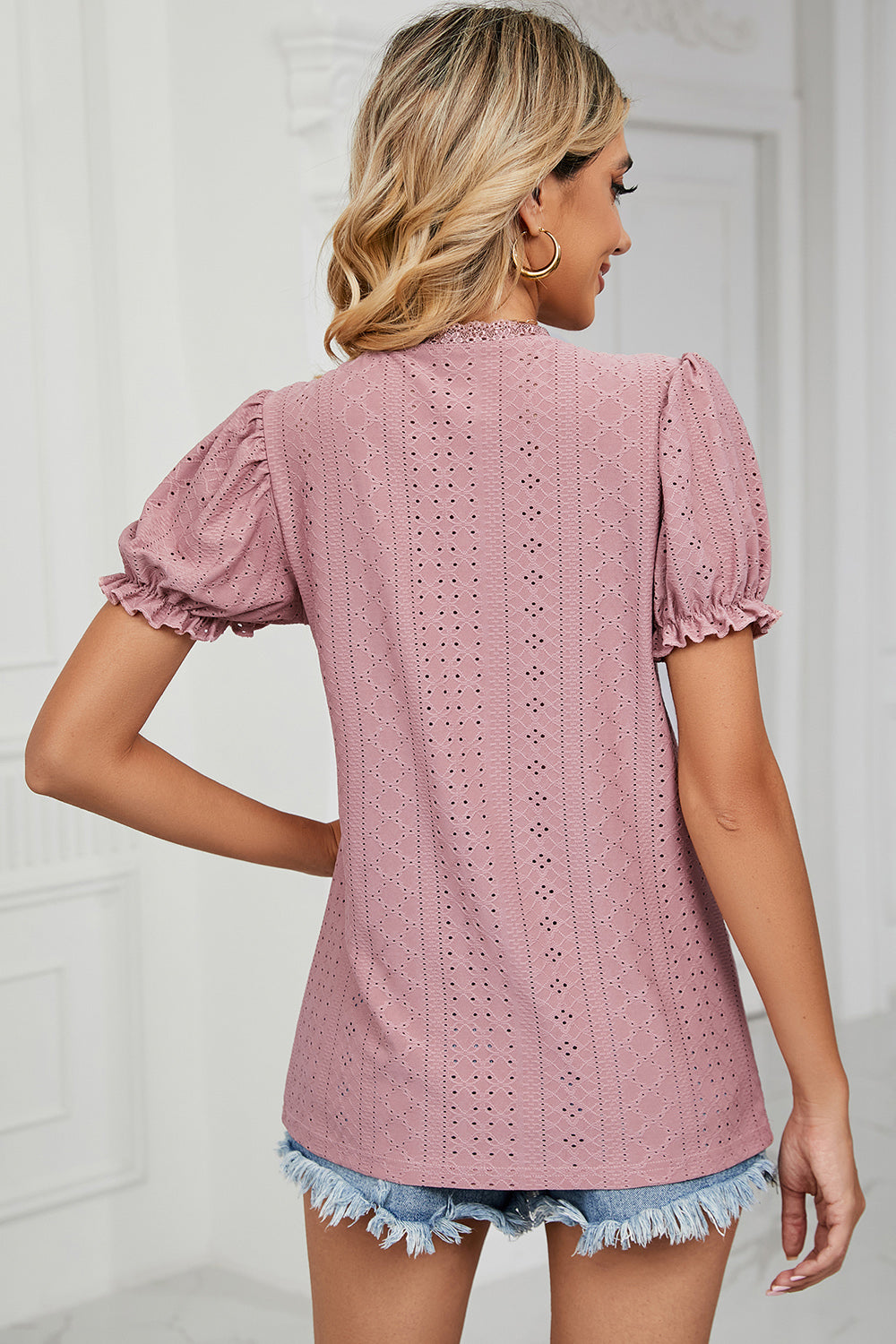 Eyelet V-Neck Short Sleeve Top